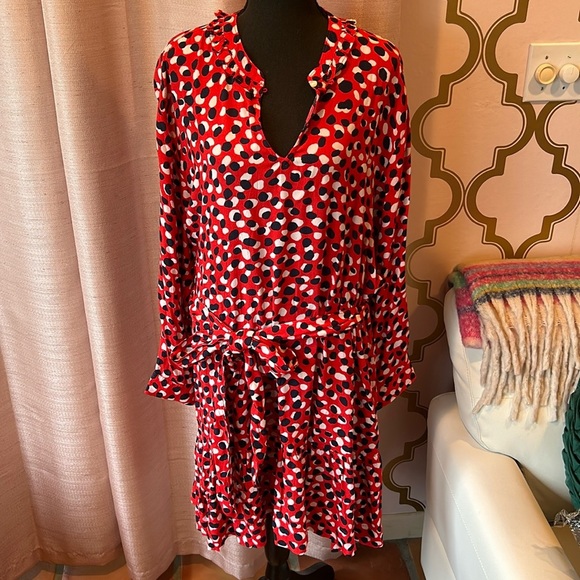 Free Assembly Dresses & Skirts - Free Assembly Tiered Belted Mini/Knee Dress Red w/Navy/White Dots w/Pockets